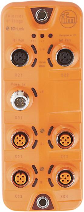 Ein gelbes elektronisches Modul mit mehreren runden Steckverbindungsports und der Aufschrift 'Power IN'.