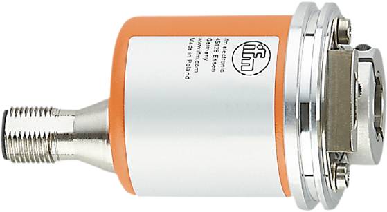 Ein Sensor mit orangefarbenem Gehäuse und silberner Spitze, auf dem 'ifm electronic' steht, hergestellt in Polen.