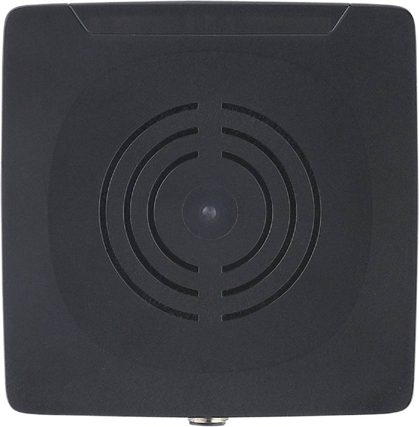 Ein schwarzes Gerät mit konzentrischen Kreisen auf der Vorderseite, möglicherweise eine Lade- oder Antennenstation.