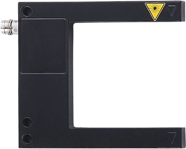 Ein schwarzes rechteckiges Metallteil mit einem Warnsymbol für Laserstrahlung oben rechts.