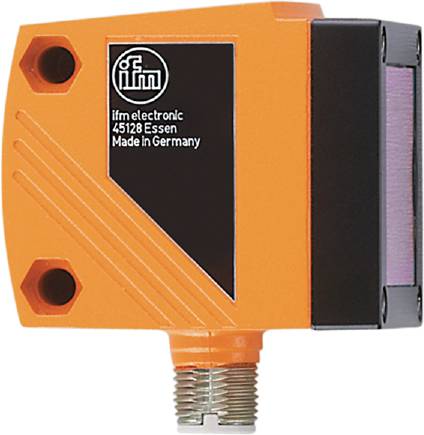 Ein orangefarbener Industrie-Sensor der Marke ifm, Modell 45128 Essen, 'Made in Germany', mit schwarzem Etikett und Verbindungsschrauben.