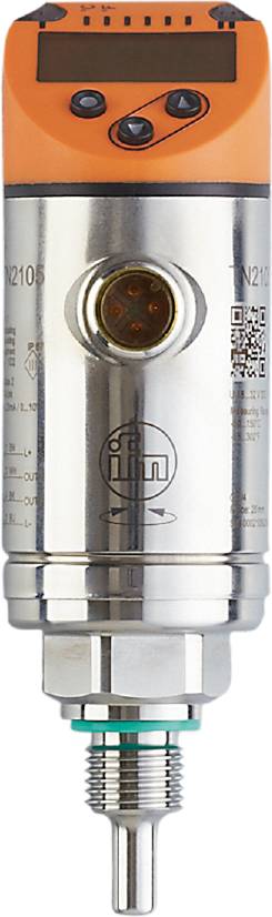 Ein silberner Sensor mit dem Logo einer Firma. Der Sensor hat Anschlüsse und technische Markierungen, vermutlich für industrielle Anwendungen.