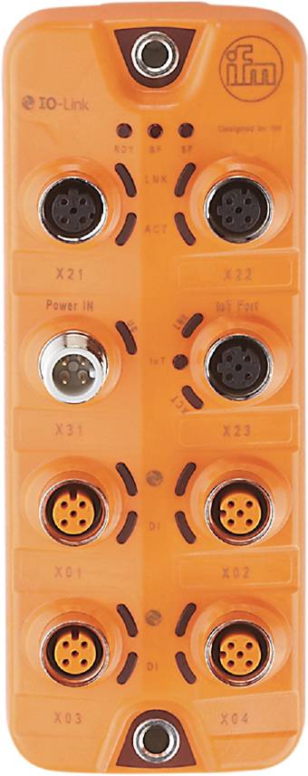 Oranges Steuergerät mit mehreren elektrischen Anschlüssen, beschriftet als Power IN, In/Out und X21 bis X23.