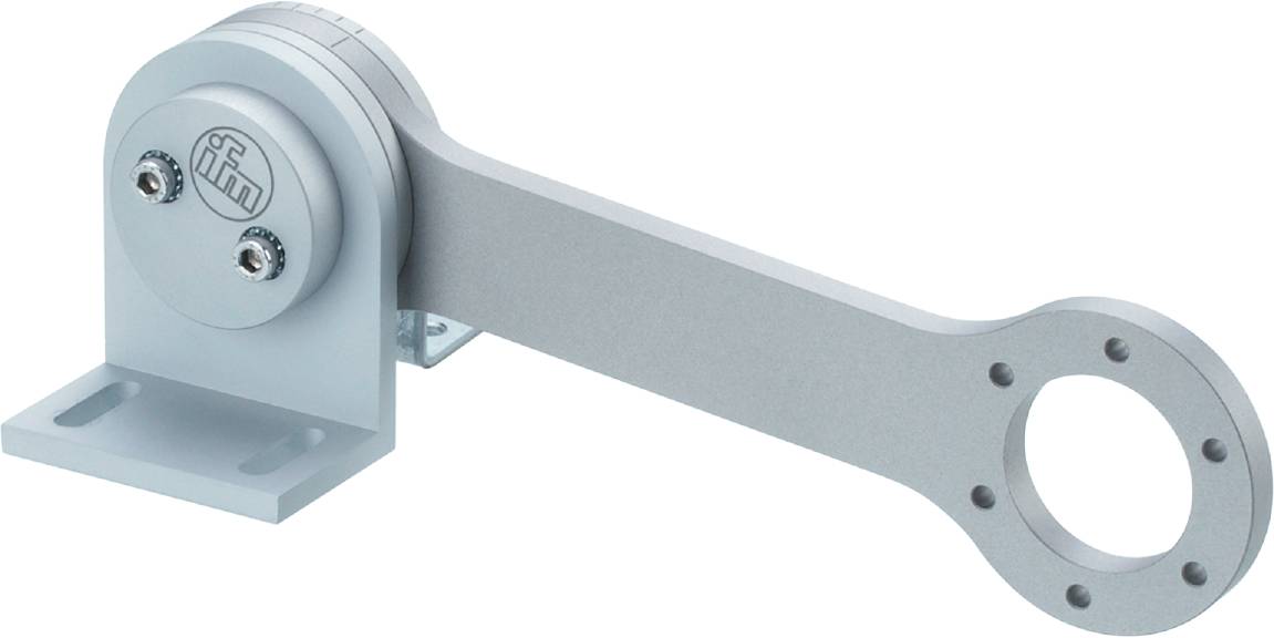 Silberne mechanische Armkomponente mit zylindrischem Gelenk, Teil eines größeren Geräts oder einer Maschine.