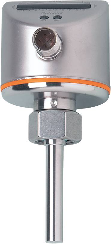 Ein silberner Edelstahl-Sensor mit orangefarbenem Ring, vermutlich für industrielle Anwendungen, fokussiert auf die obere Gehäusepartie.