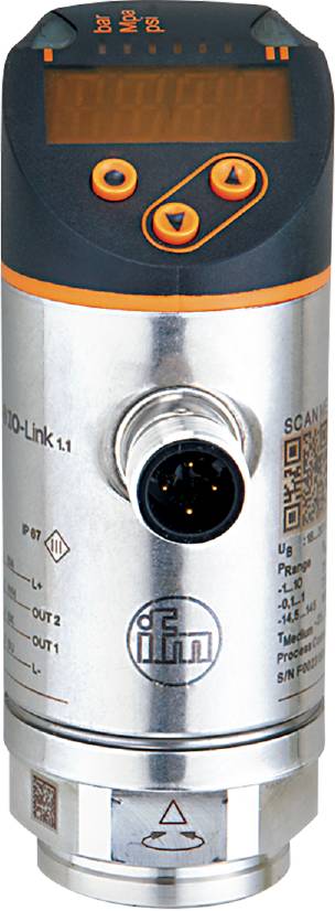 Sensor mit einem runden Steckeranschluss, Metallgehäuse, QR-Code, und technischen Kennzeichnungen. Geeignet für industrielle Anwendungen.