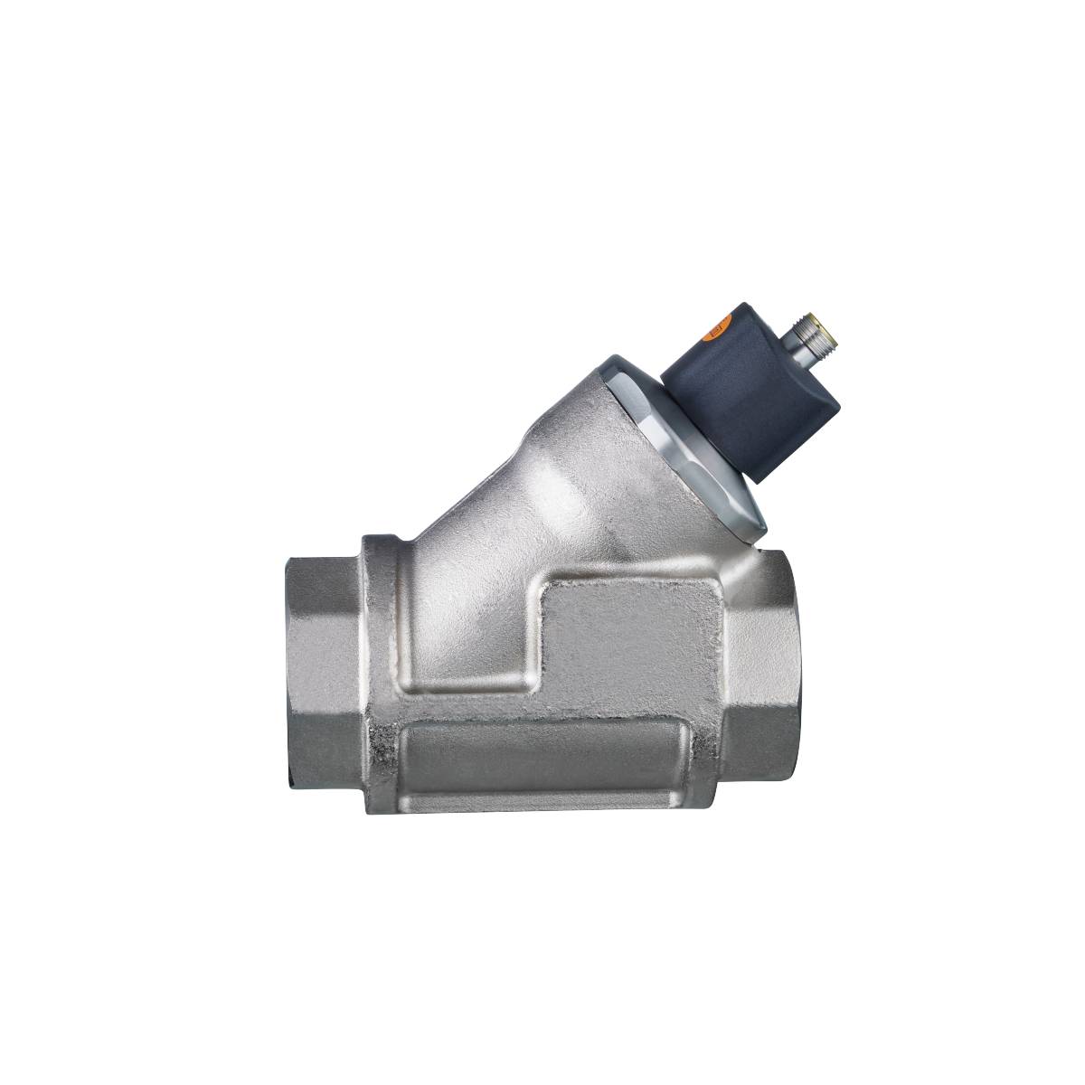 Silbernes Ventil vor schwarzem Hintergrund, Detailansicht eines technischen Bauteils, möglicherweise ein Autoteil.