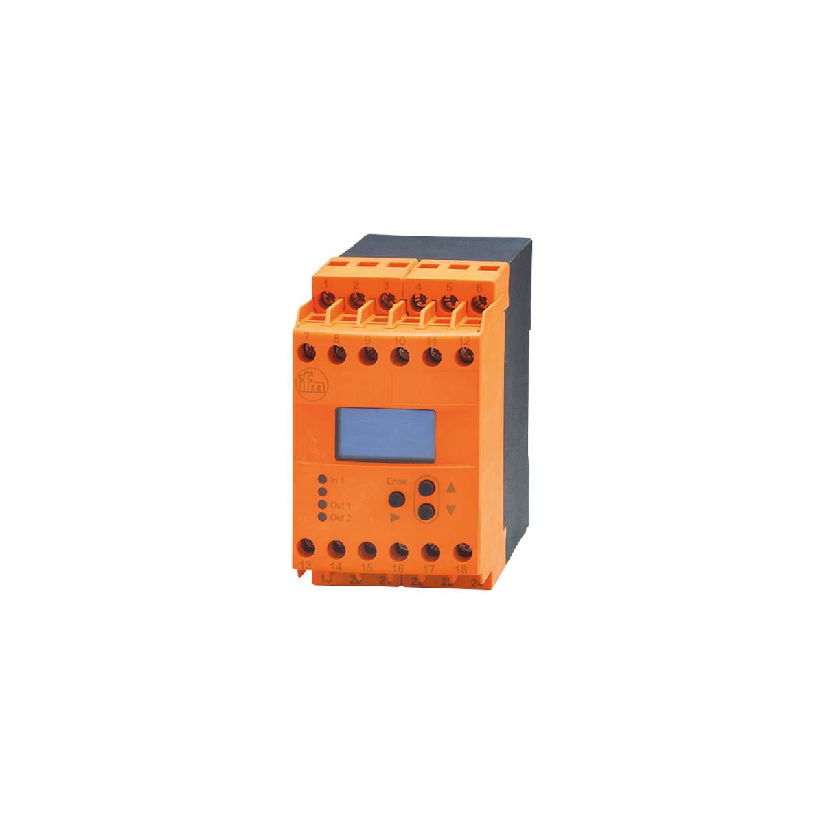 Ein orangefarbenes elektrisches Steuergerät mit mehreren Anschlussklemmen und einem kleinen Display auf schwarzem Hintergrund.
