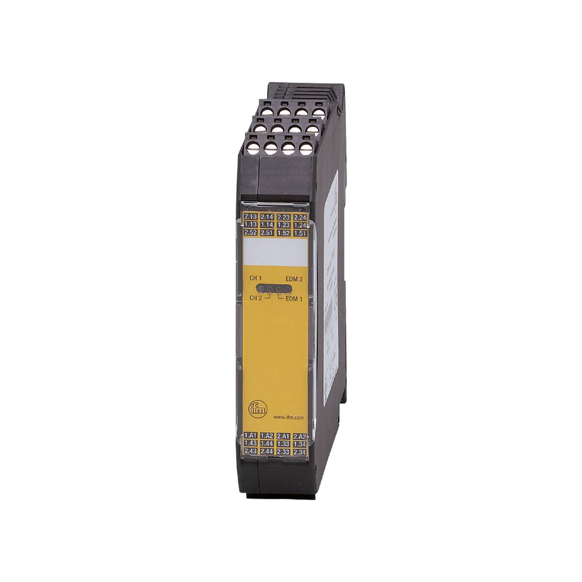 Ein modulares elektronisches Gerät für die industrielle Steuerung, montiert auf einer schwarzen Hutschiene.