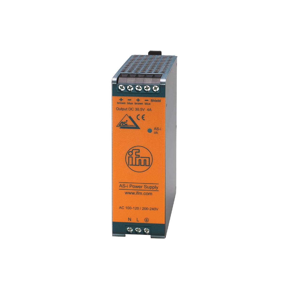 Netzteil der Marke ifm electronic, AS-i Power Supply, 100-150V AC, 200-240V AC, mit Ausgang 30.5V und 4A, geeignet für industrielle Anwendungen.