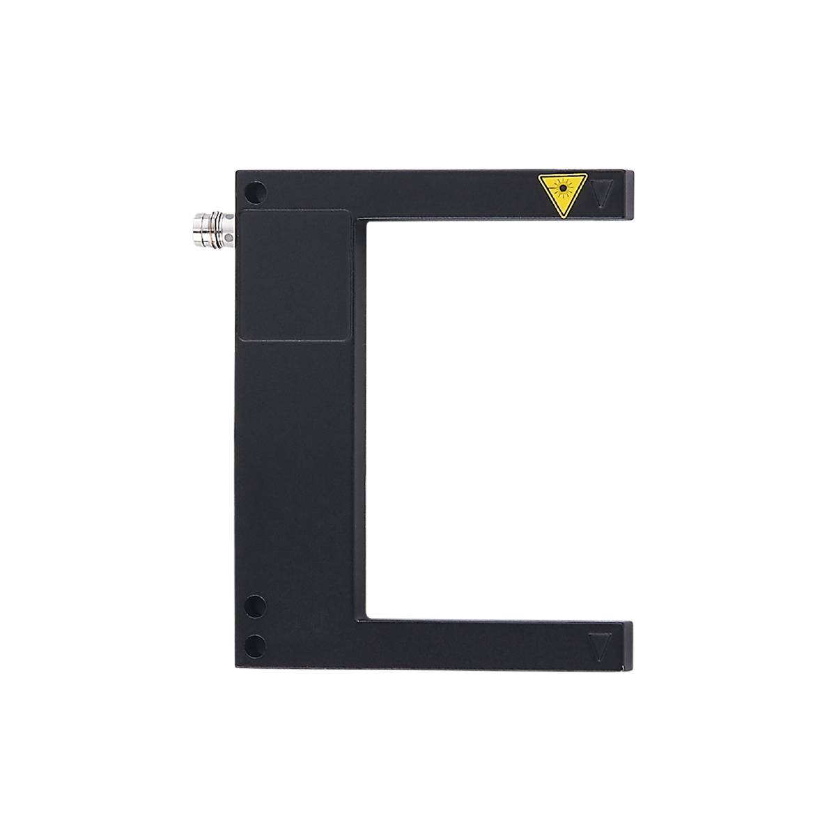 Ein C-förmiger, schwarzer Sensor mit Lasermarkierung oben rechts auf schwarzem Hintergrund. Verwendet für präzise Messaufgaben.
