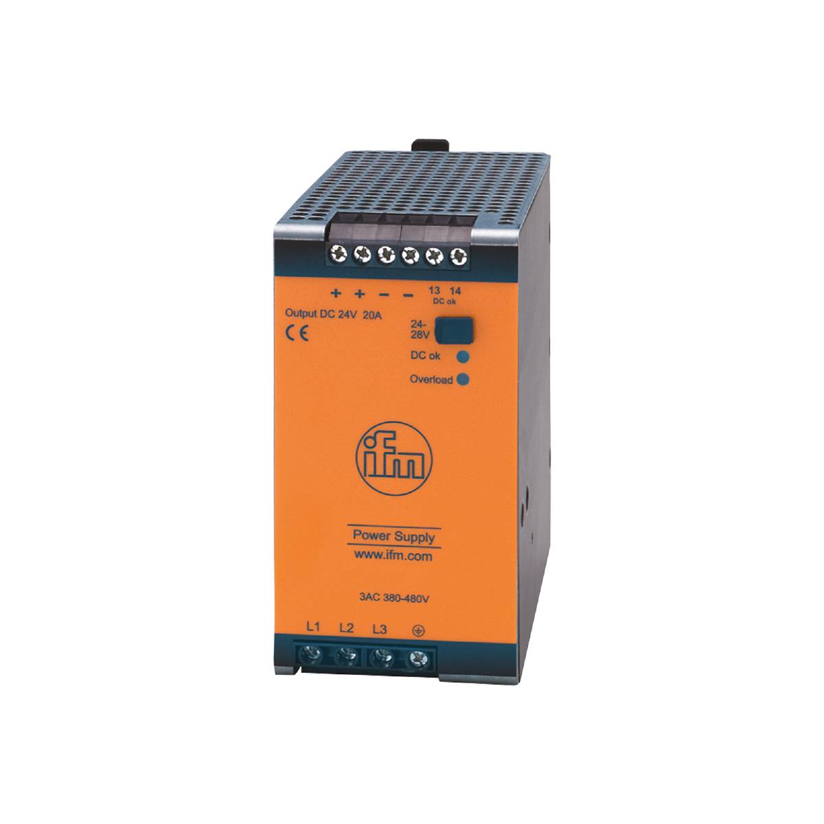 Ein orangefarbenes Netzteilgerät von ifm mit Anschlüssen an der Oberseite, Beschriftung 'Output DC 24V/20A', und blauer Unterseite.