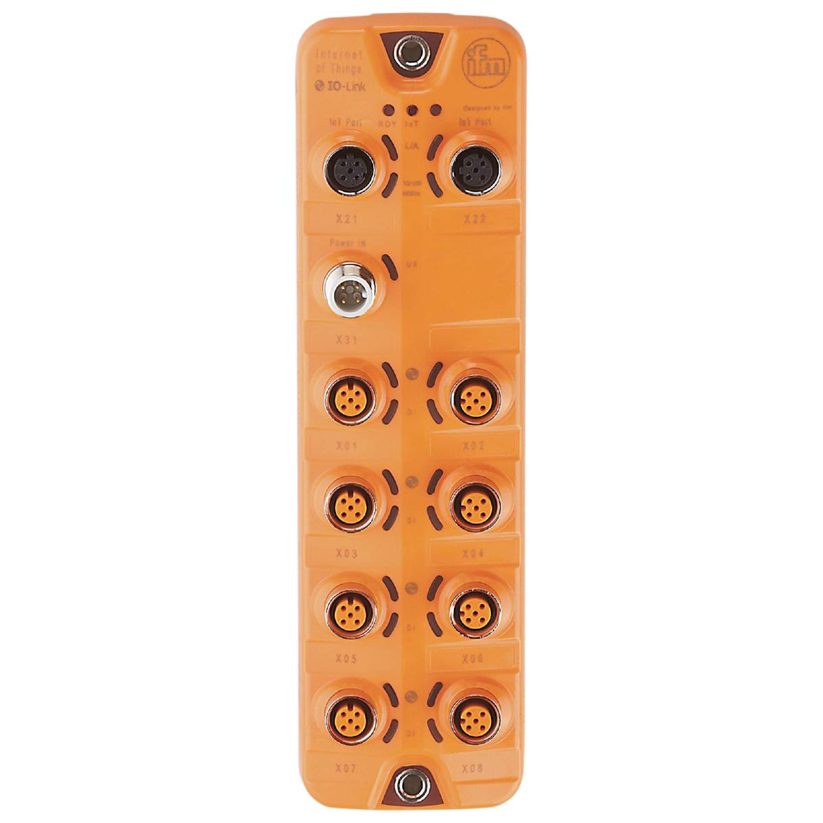 Ein orangefarbener, rechteckiger industrieller Sensorblock mit mehreren M12-Steckverbindungen auf schwarzem Hintergrund.