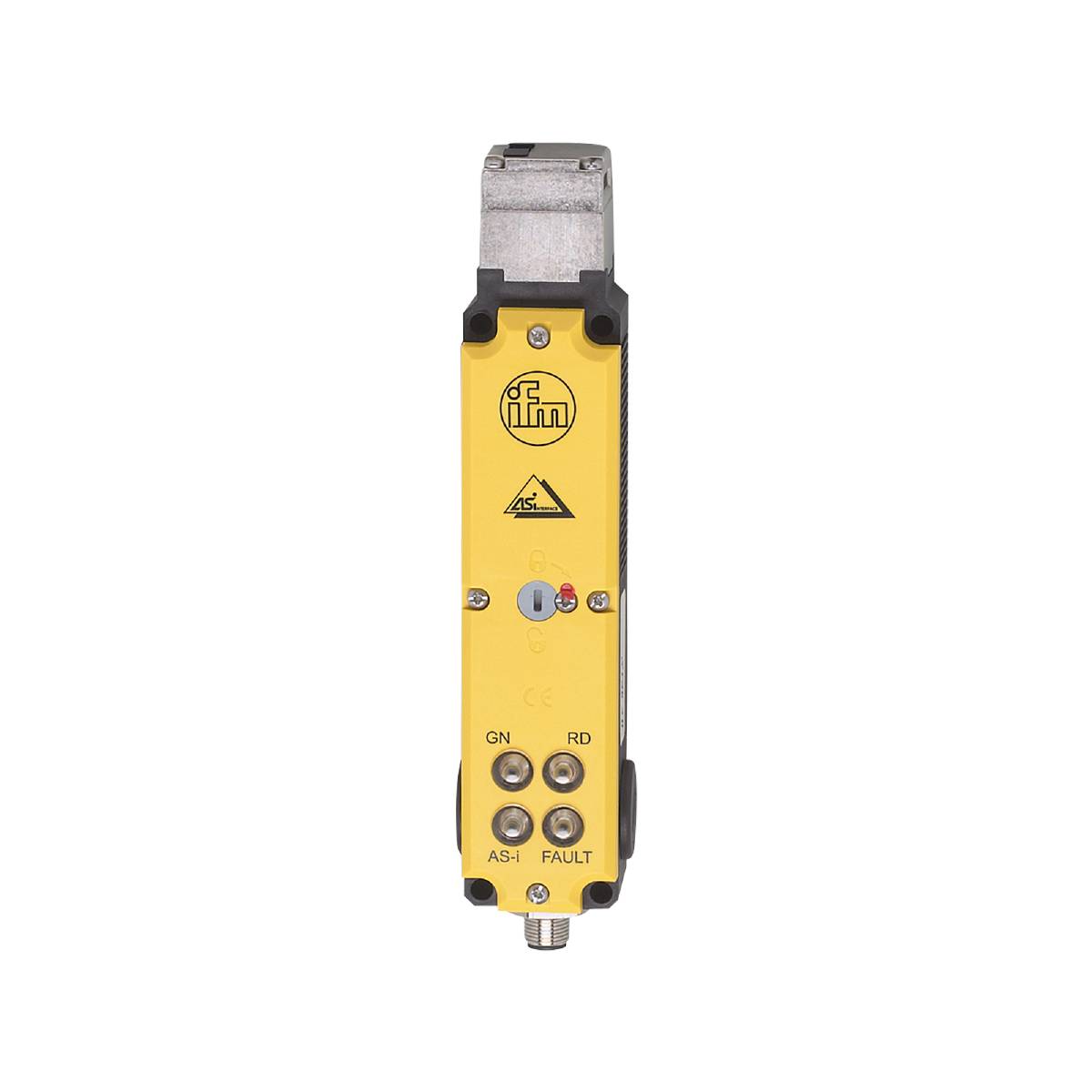 Ein länglicher gelber Industriensensor von ifm mit Kontrollleuchten und Symbolen auf schwarzem Hintergrund, Draufsicht.