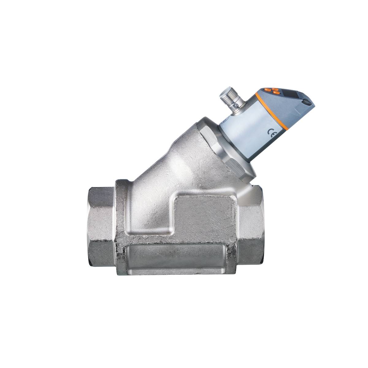 Ein metallisches Ventil mit einem elektrischen Steuerkopf, das auf einem schwarzen Hintergrund liegt.