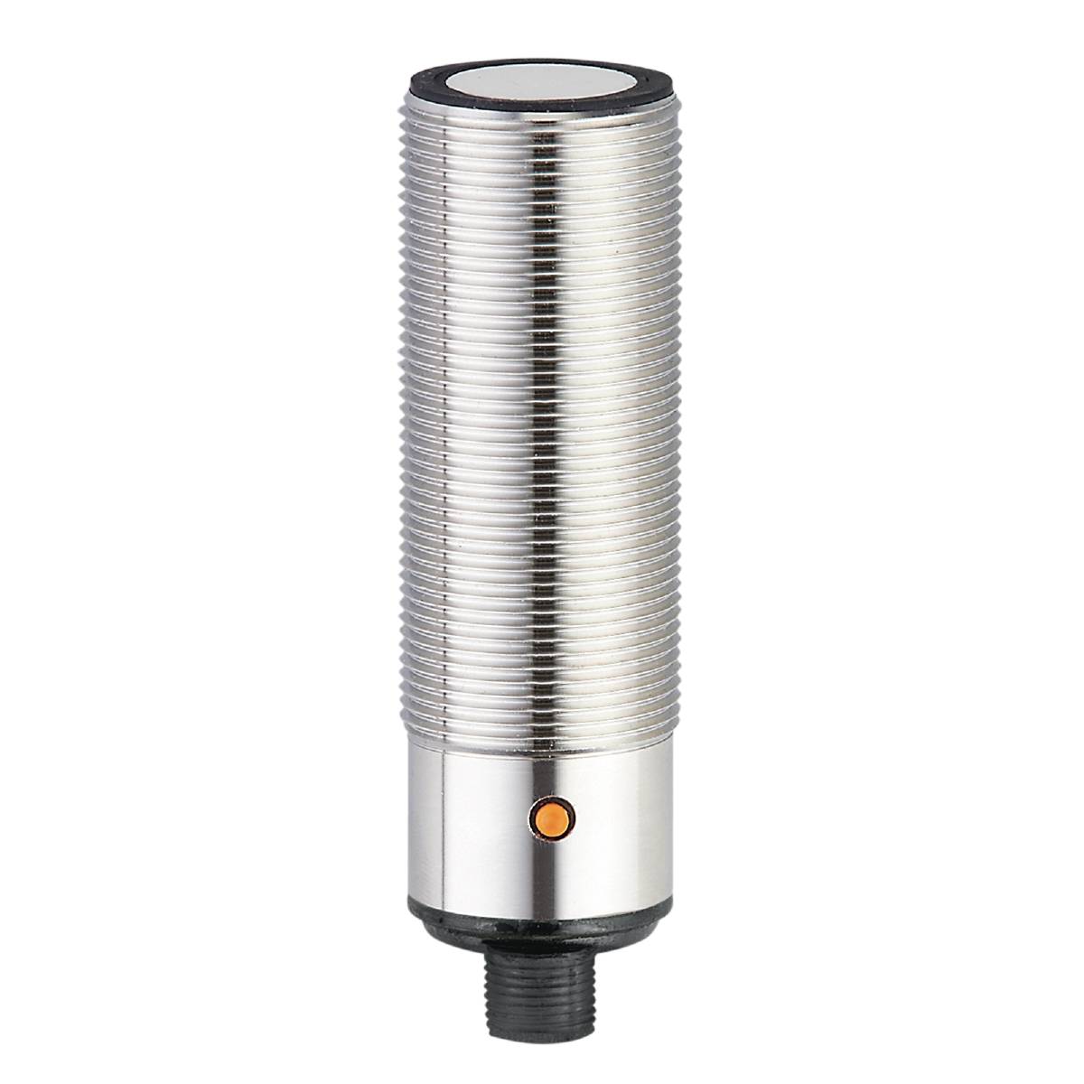 Ein zylindrischer, metallischer Sensor mit Rillenstruktur und einem kleinen orangefarbenen Knopf an seiner Basis, vor schwarzem Hintergrund.