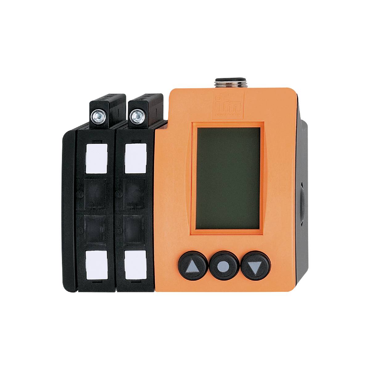Ein elektronisches Gerät mit orangefarbener Front und digitalem Display, umgeben von schwarzen Schaltern und Tasten.