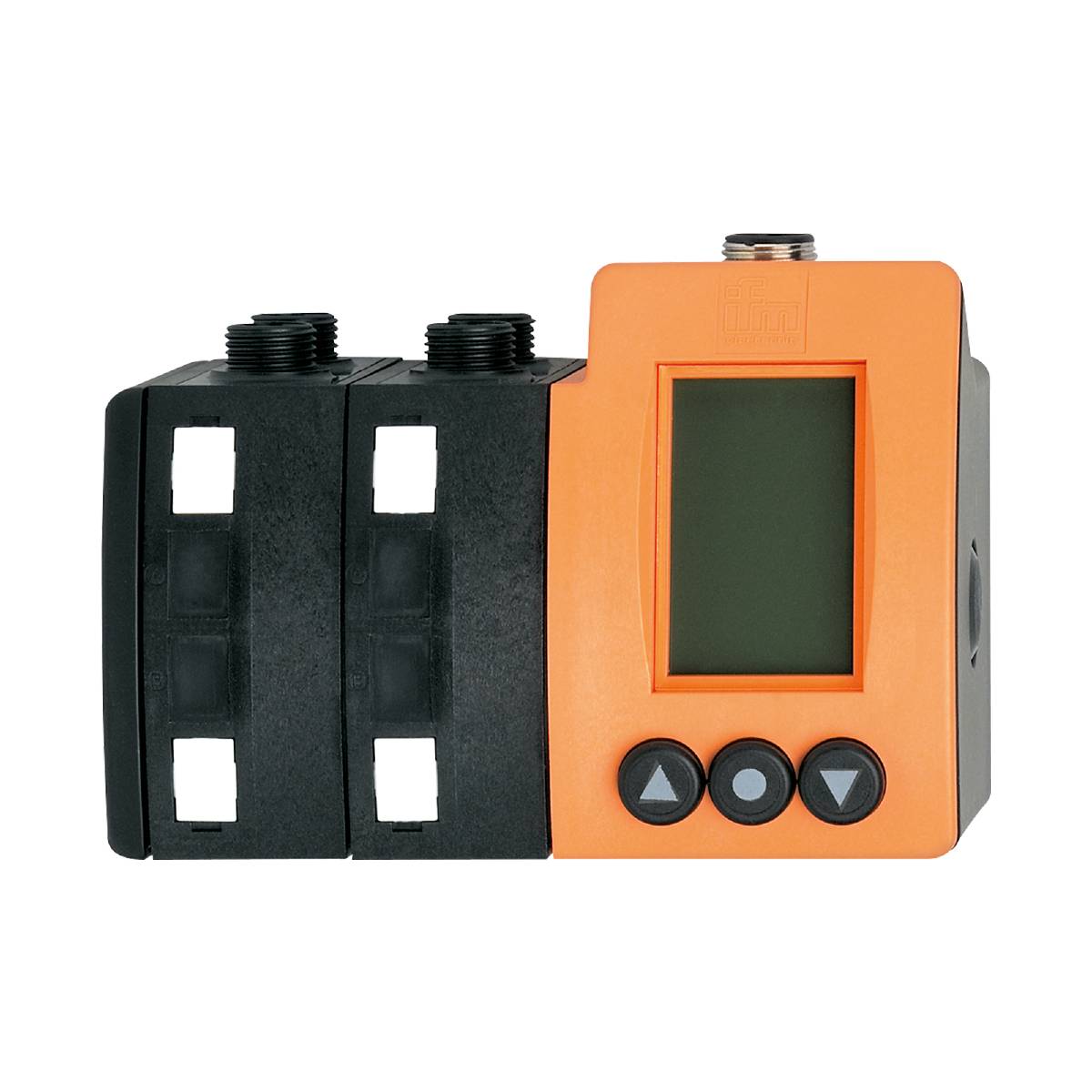 Ein orange-schwarzes elektronisches Gerät mit Display und drei Tasten, möglicherweise ein Mess- oder Steuergerät.