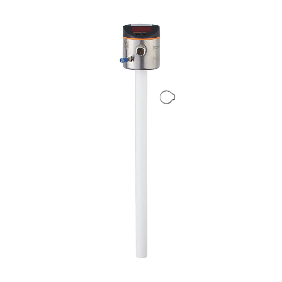 Ein langer, weißer Sensor mit schwarzem Kopf und blauem Kabelanschluss vor schwarzem Hintergrund, neben einem kleinen Metallring.