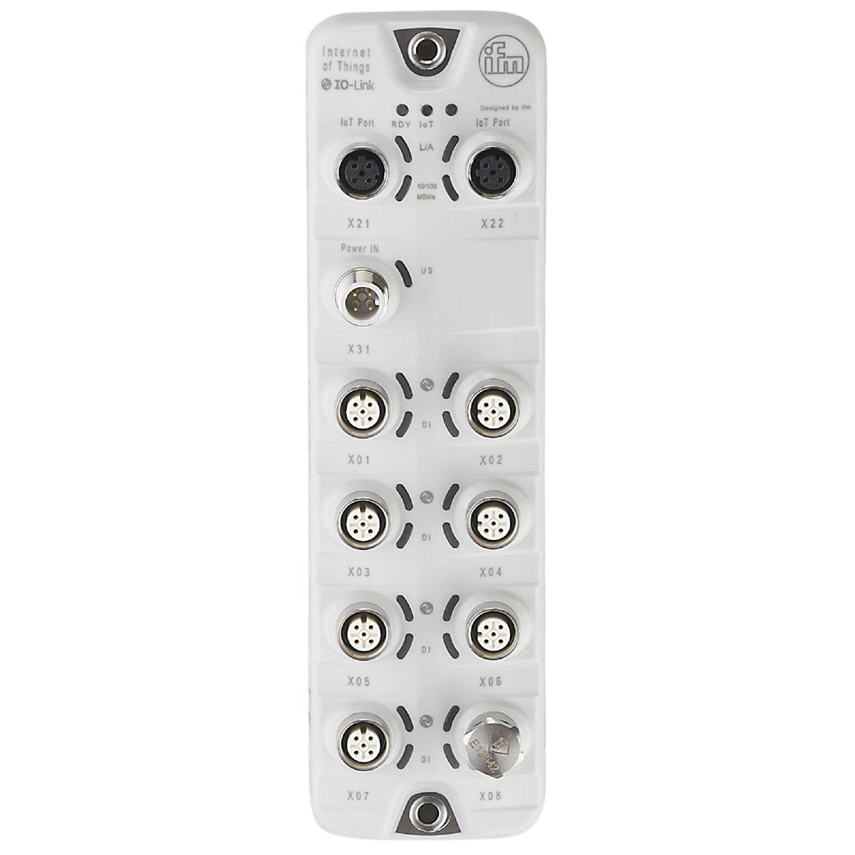 Industrielles Anschlussmodul mit mehreren runden Anschlüssen, darunter Strom- und Datenverbindungen.