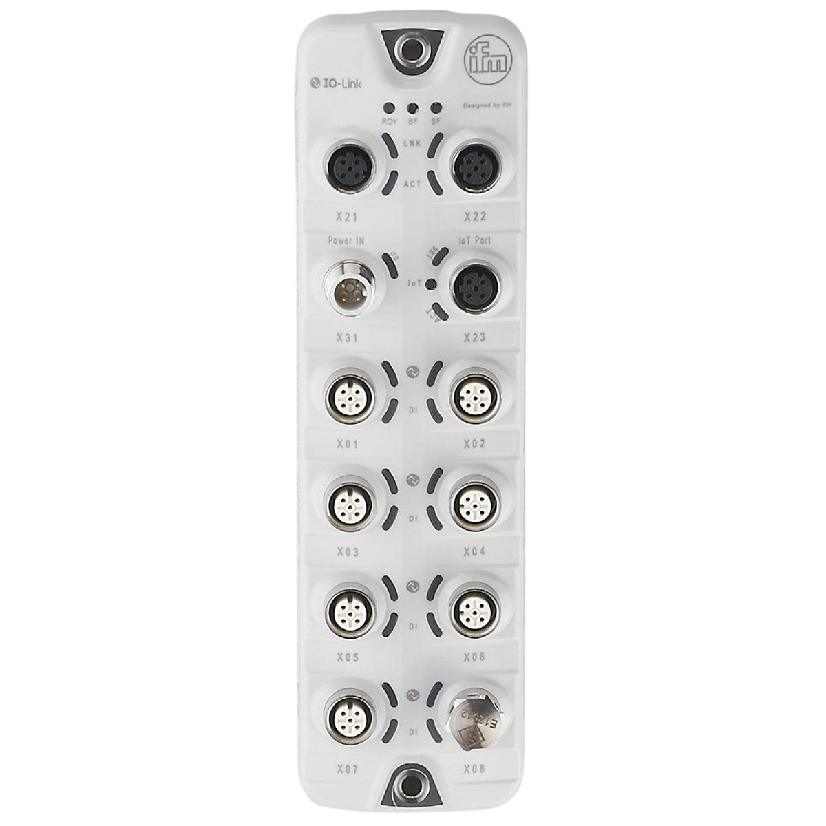 Ein Sensor-Interface-Modul mit mehreren runden Anschlüssen, geeignet für industrielle Anwendungen zur Datenübertragung und Sensorvernetzung.