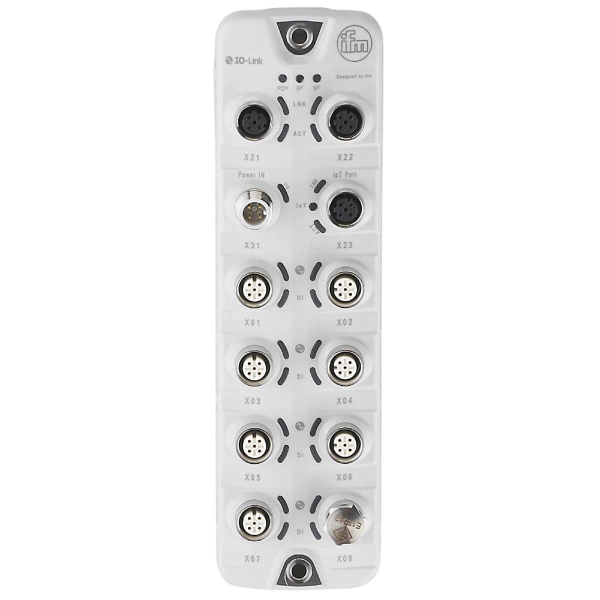 Industrie-Steuermodul mit mehreren Rundsteckverbindern. Oberhalb: X21, X22 für Ethernet. Weitere Anschlüsse X01 bis X08 für Steuerungen.