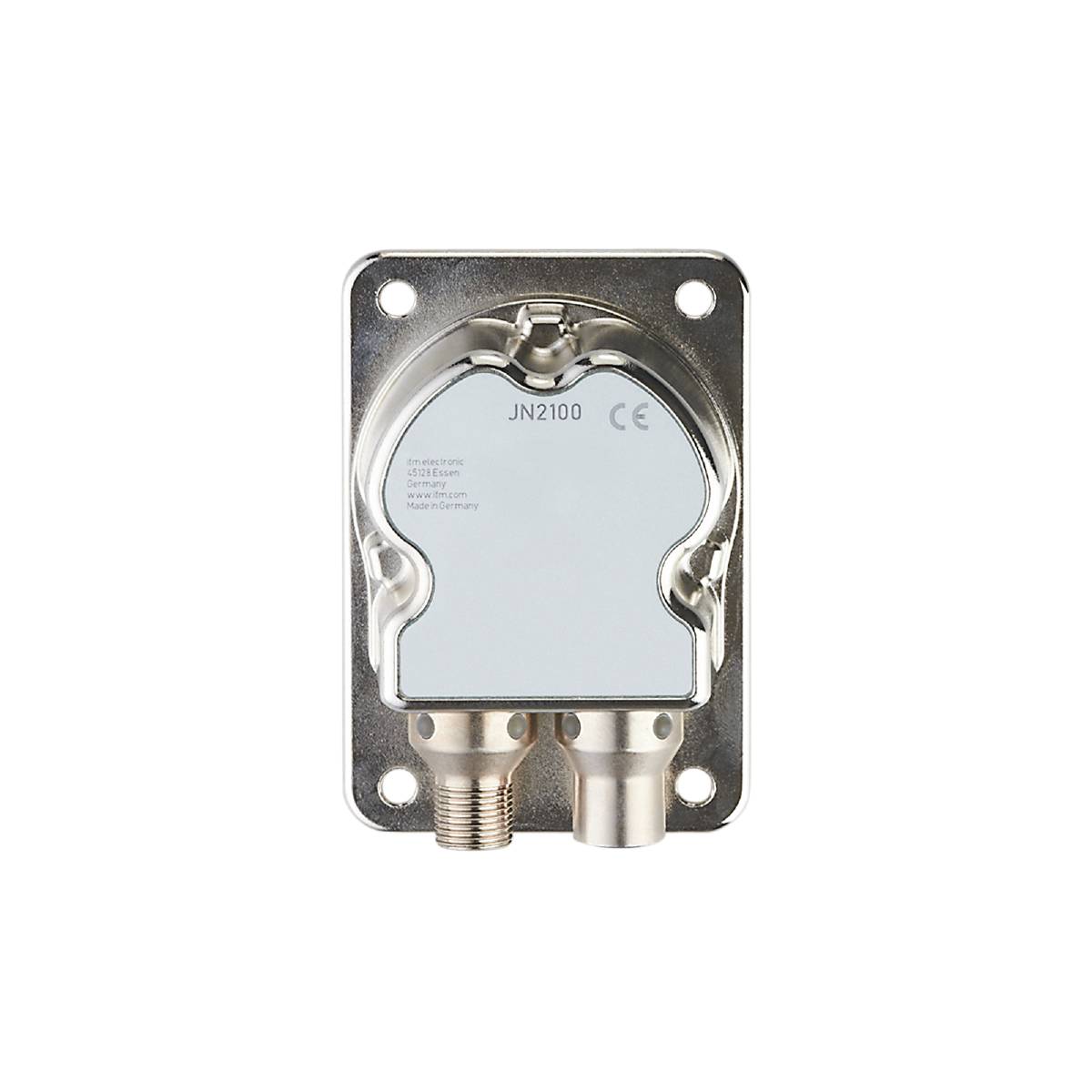 Rechteckiges Metallgehäuse mit zwei Anschlüssen an der Unterseite auf schwarzem Hintergrund. Text auf dem Gehäuse: 'JN2100'.