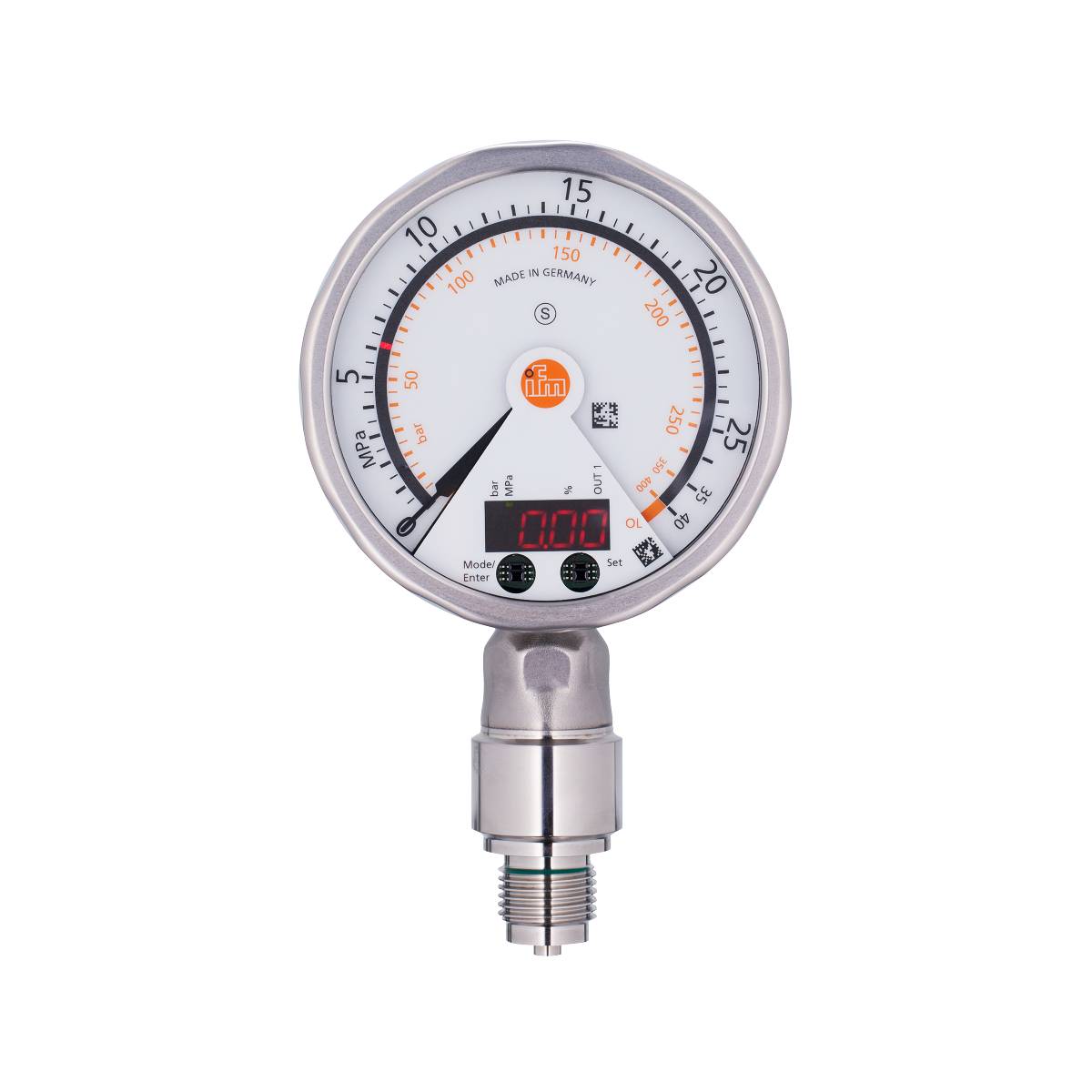 Ein Druckmesser zeigt einen Druck von 0 MPa an. Das Gerät ist in Deutschland hergestellt und hat Skalen von 0-25 MPa und 0-360 psi.