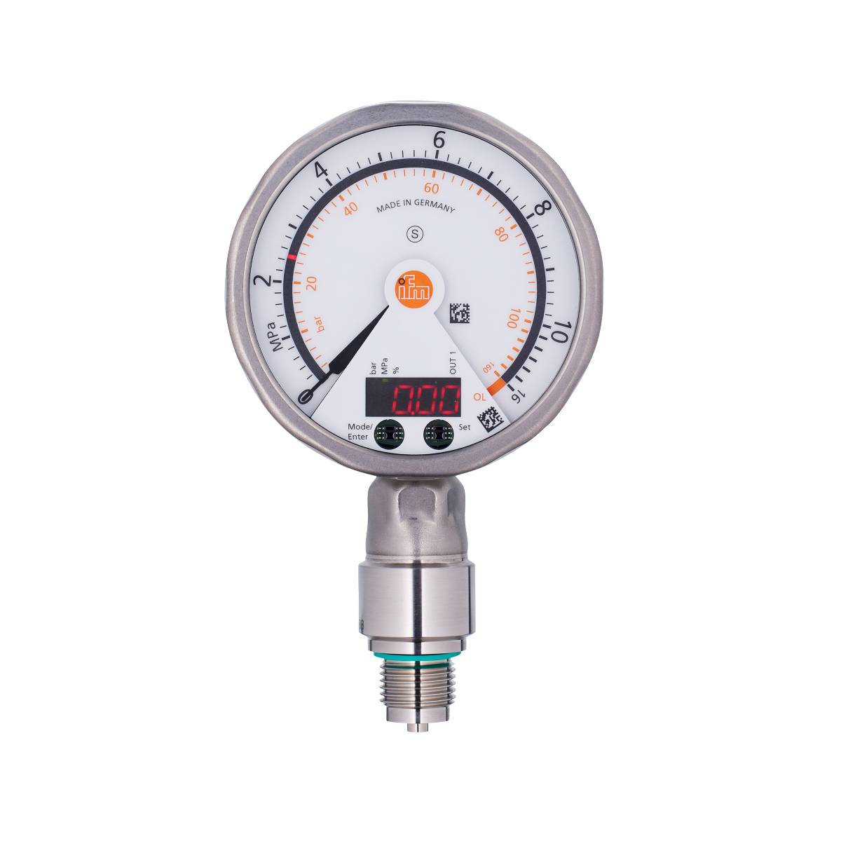 Ein Druckmessgerät mit analoger Skala zeigt Werte bis 60 bar und eine digitale Anzeige zeigt einen Wert von 0,06 bar.