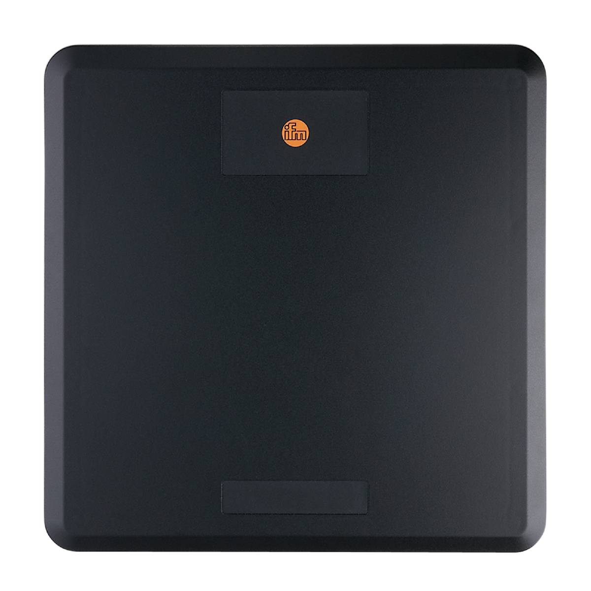 Schwarze quadratische Platte mit einem kleinen orangefarbenen Symbol in der Mitte oben.