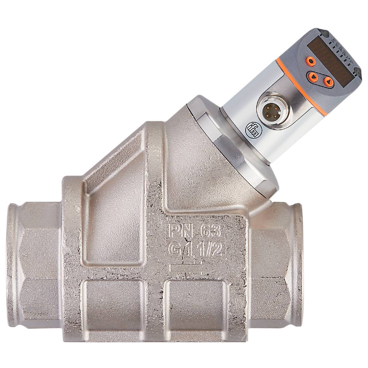 Industrielles Ventil aus Metall mit digitalem Display und orangefarbenen Akzenten, verwendet zur Durchflusskontrolle in Rohrsystemen.