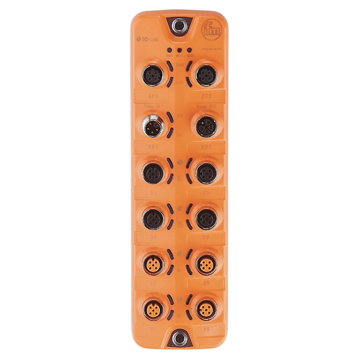 Ein orangefarbenes Industrie-I/O-Modul mit zwölf Steckverbindungen, geeignet für industrielle Automatisierungsanwendungen.