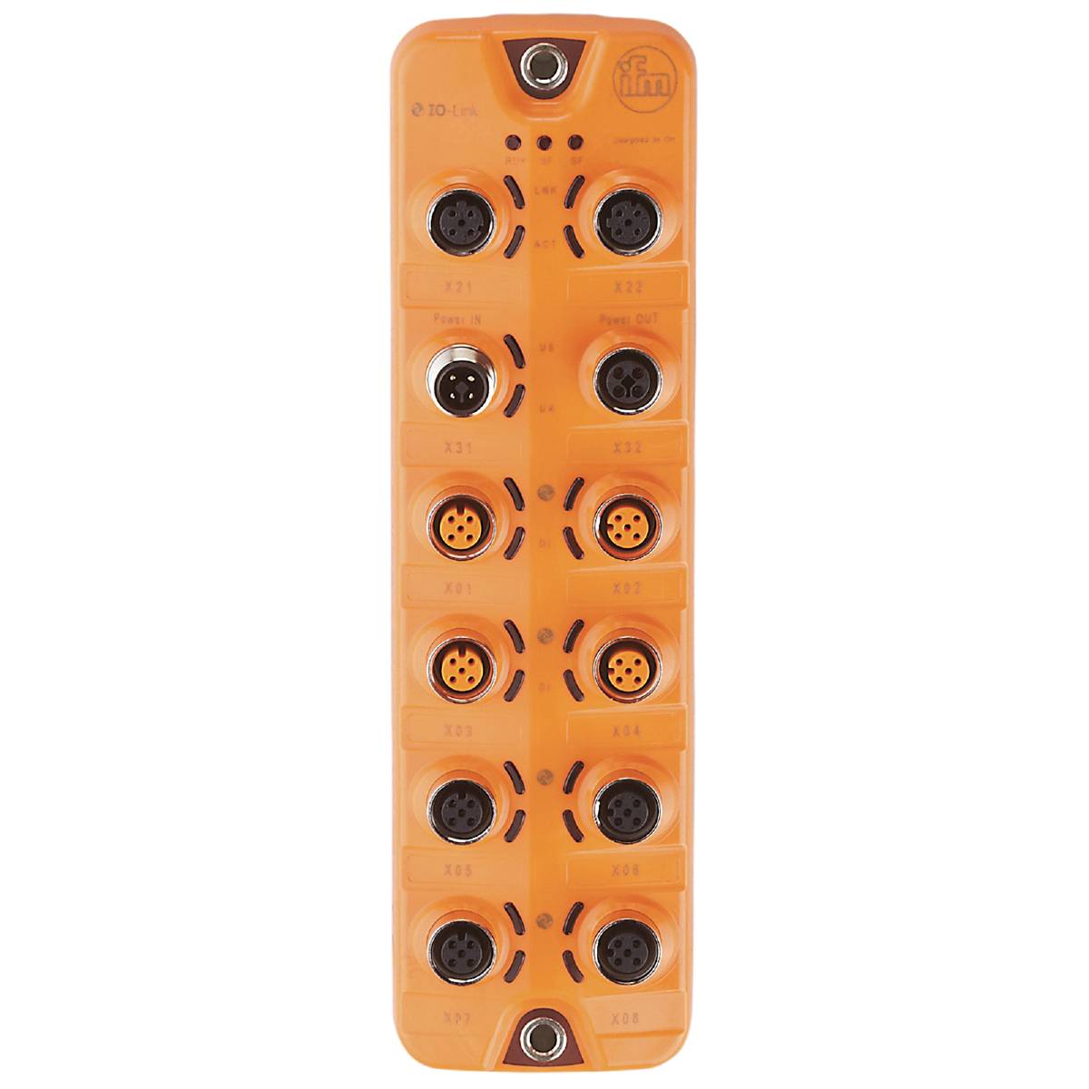 Orangenes Steckmodul mit zwölf runden Steckverbindungen, in drei Spalten und vier Reihen angeordnet.