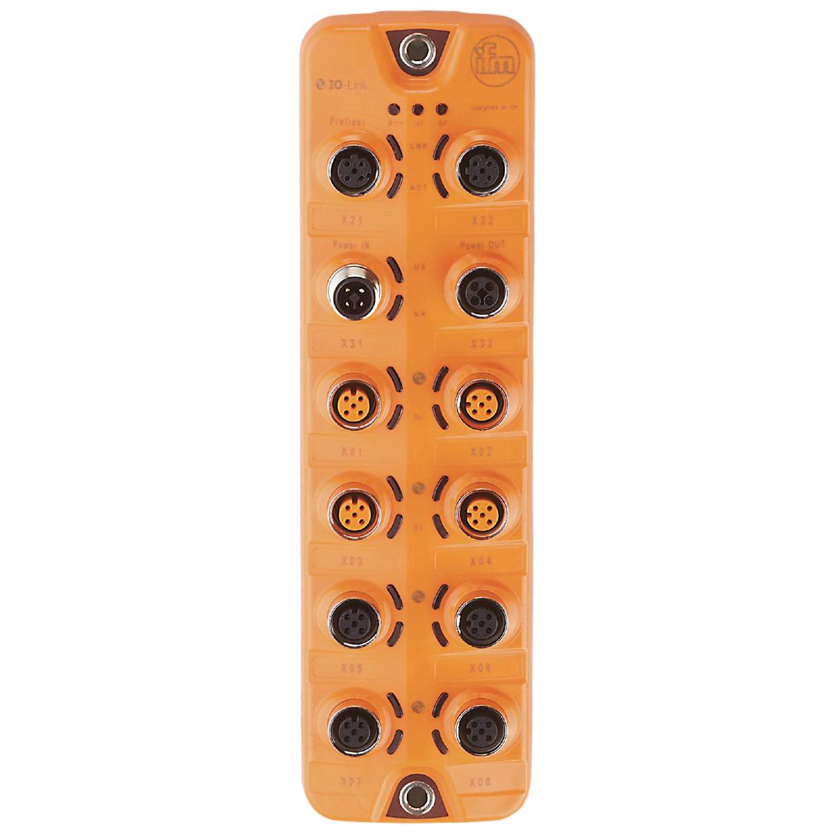 Ein orangefarbenes, rechteckiges Gerät mit zwölf runden Anschlussbuchsen in zwei vertikalen Reihen. Ober- und Unterseite haben zusätzliche Anschlüsse.