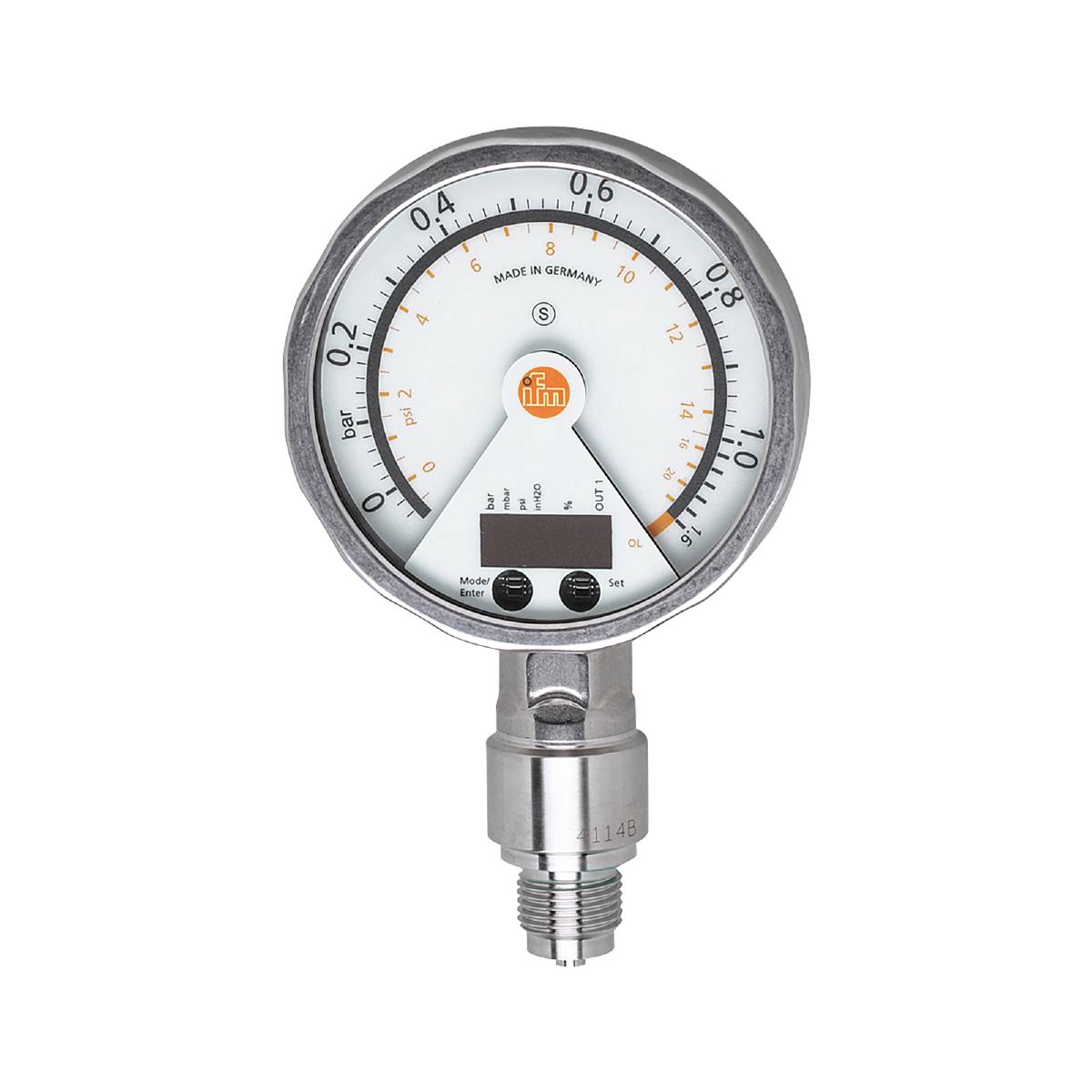 Analoges Manometer 'Made in Germany' zur Druckmessung, zeigt Werte von 0 bis 10 bar. Hauptnadel auf 5,5 bar, digitale Anzeige darunter.