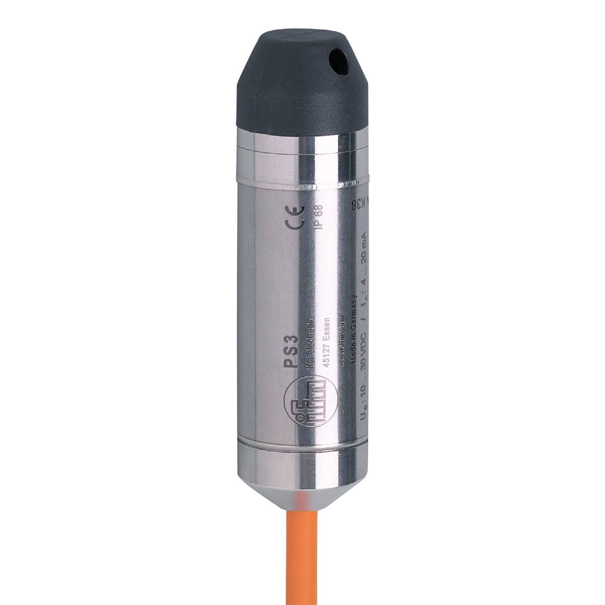 Ein zylinderförmiger industrieller Sensor mit Metallgehäuse und schwarzer Oberseite, Kabelanschluss unten, auf schwarzem Hintergrund.