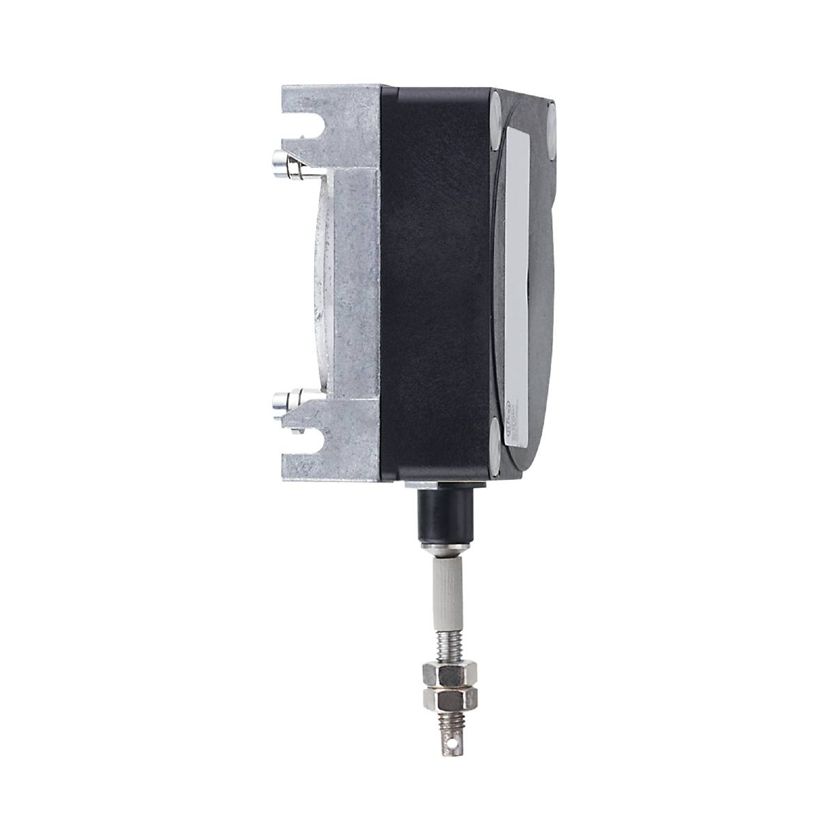 Industriesensor mit Metallgehäuse, seitliche Ansicht. Der Sensor hat einen zylindrischen Anschluss unten und wirkt robust und funktional.