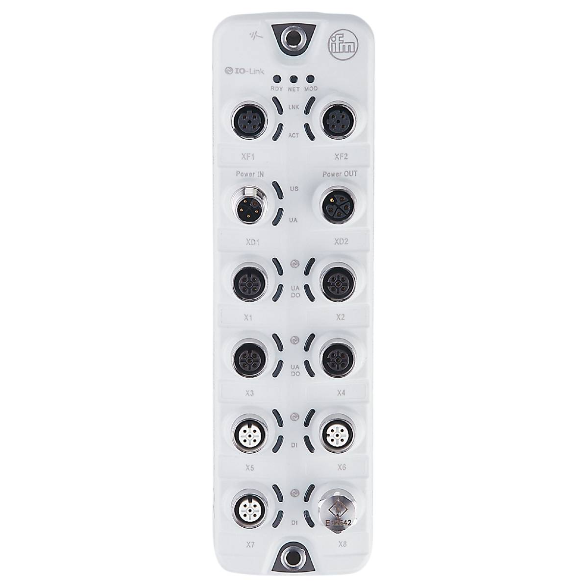 Modularer industrieller Steckverbinder mit mehreren runden Ports und beschrifteten LEDs, verwendet in Automatisierungssystemen.