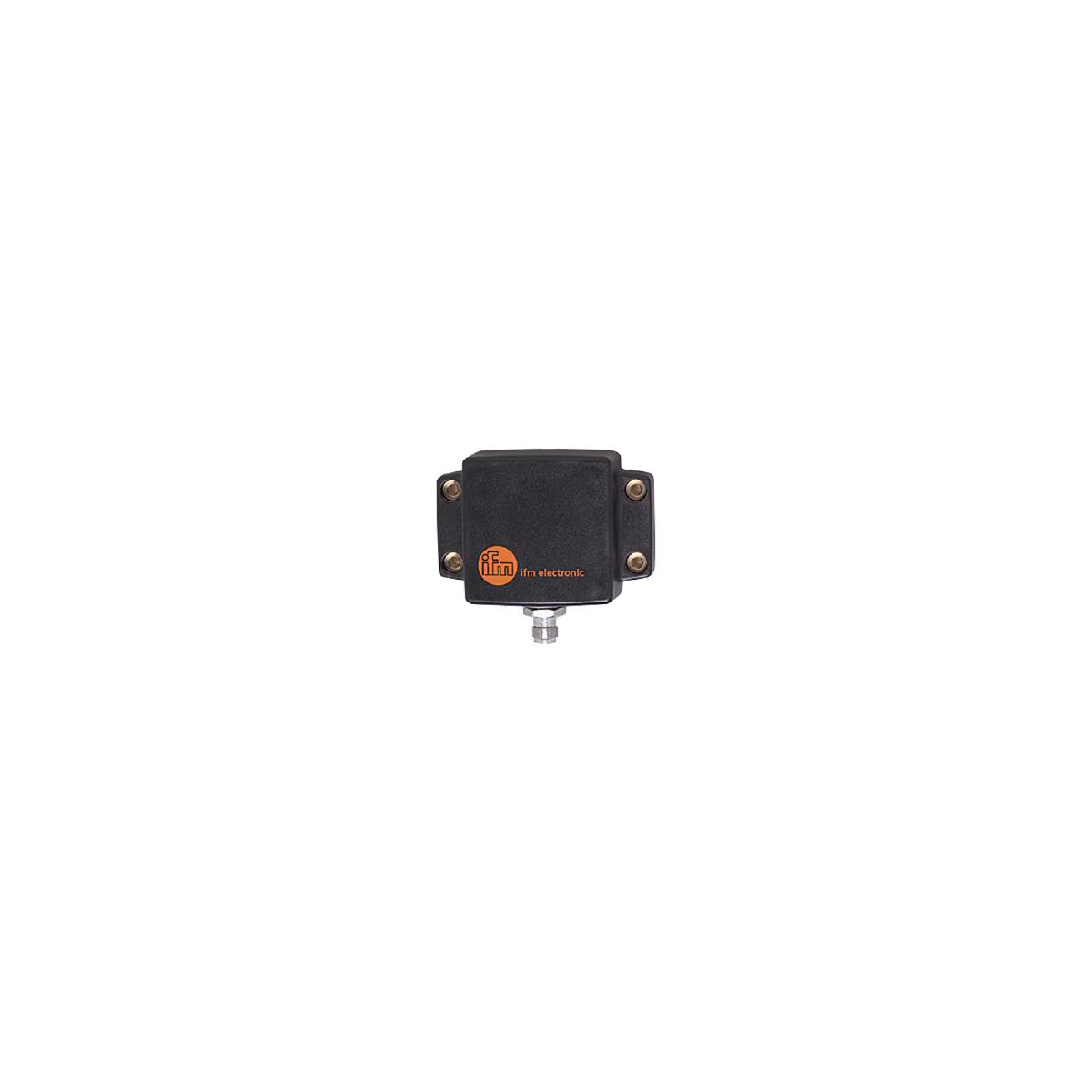 Ein kleiner, rechteckiger Sensor mit einem Anschluss an der Unterseite, schwarzem Gehäuse und einer orangefarbenen Aufschrift in der Mitte.