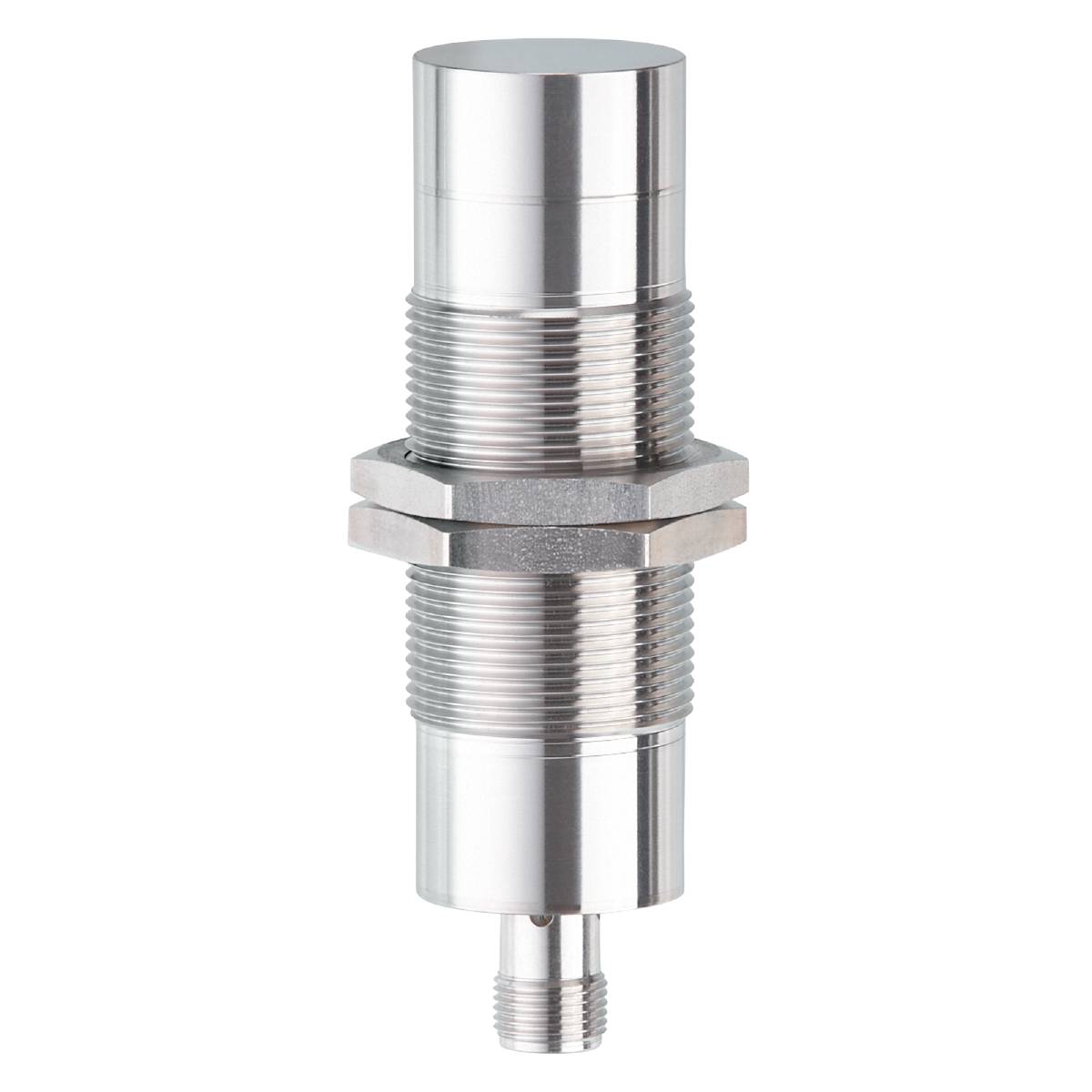 Ein zylindrischer, metallischer Sensor mit Schraubgewinde und Anschluss an der Unterseite, vor schwarzem Hintergrund.