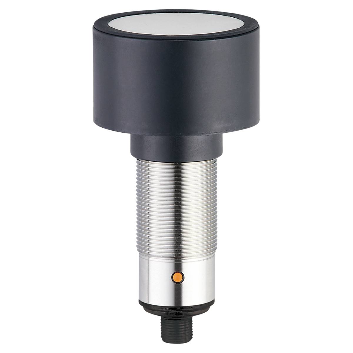 Ein zylindrischer Sensor mit schwarzem Kopf und metallischem Gewinde zur Befestigung, darunter eine orangefarbene Statusanzeige.