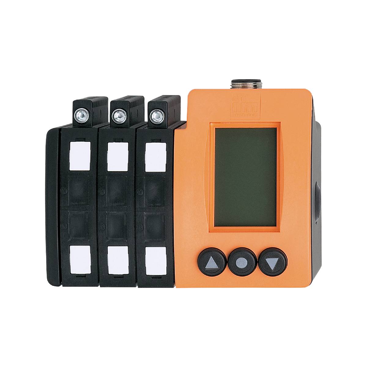 Ein orange-schwarzes elektronisches Gerät mit drei Tasten und einem Display. Links sind drei große Kontakte sichtbar.