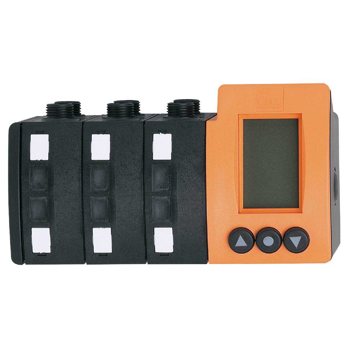 Ein rechteckiges, orange-schwarzes elektronisches Gerät mit Display und drei Knöpfen darunter; zeigt vermutlich Steuerfunktionen.