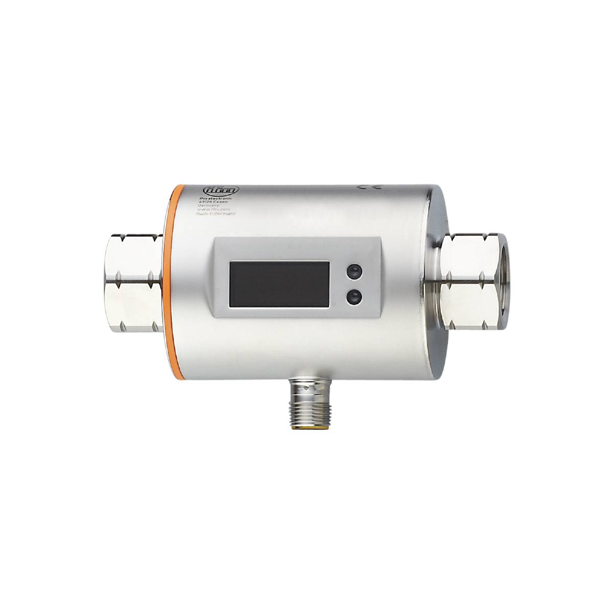 Ein silberner elektronischer Messsensor mit rechteckigem Display auf schwarzem Hintergrund, verwendet zur Überwachung von Durchflussmengen.