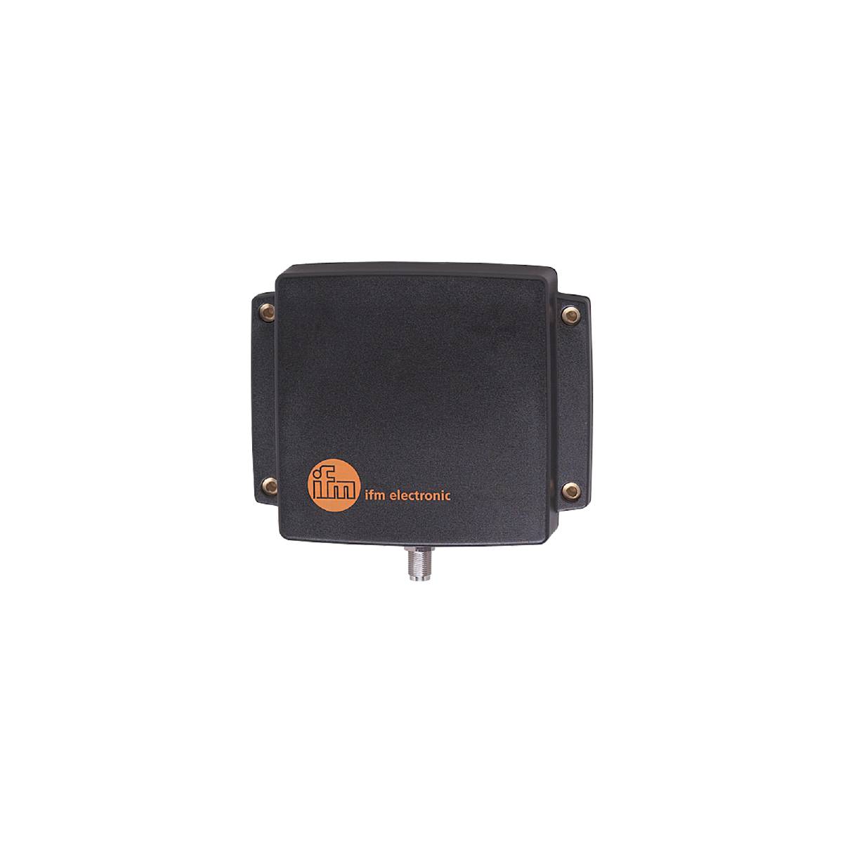 Ein dunkelgraues, rechteckiges, elektronisches Gerät mit orangefarbenem Logo von 'ifm electronic', zentriert auf schwarzem Hintergrund.