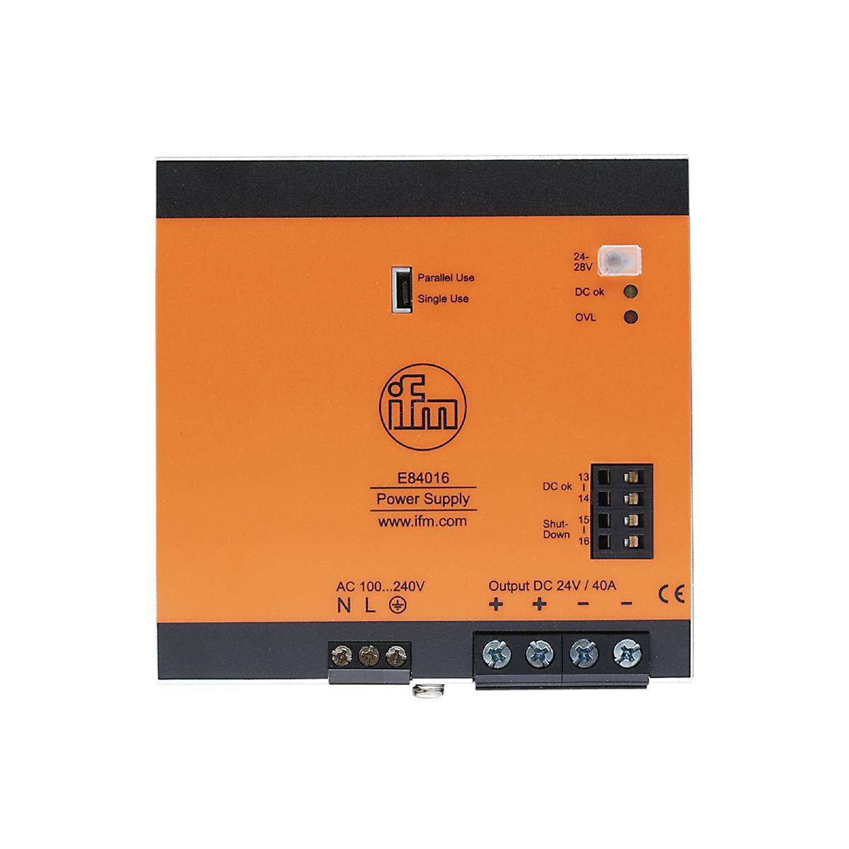 Ein orangefarbenes Netzteil von ifm mit Modellnummer E84016, Eingangsbereich AC 100-240V und Ausgang DC 24V/4A.