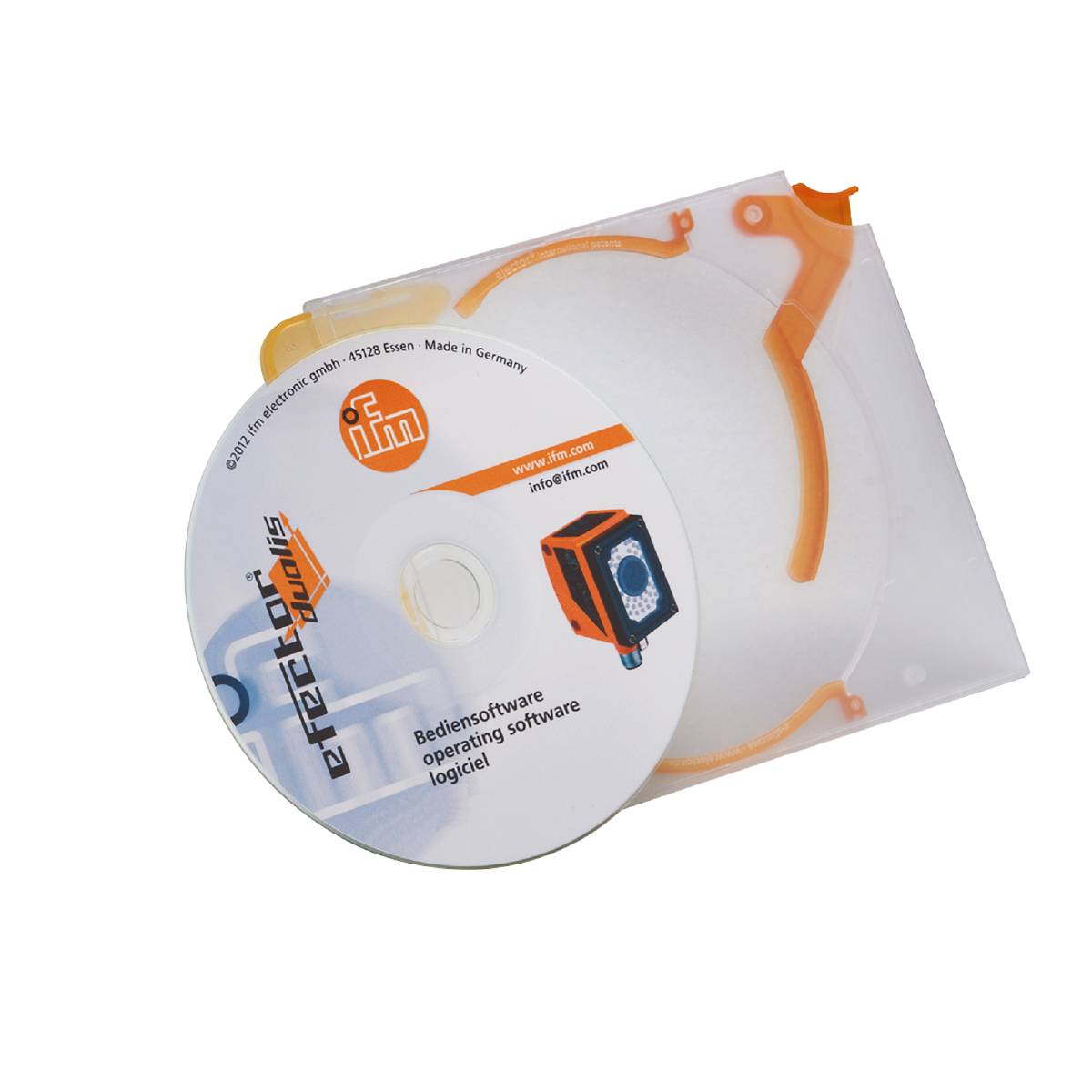 Herstellerangaben und Label auf einer CD-Hülle. Enthält Informationen zur Betriebssoftware und Kontaktangaben der Firma.