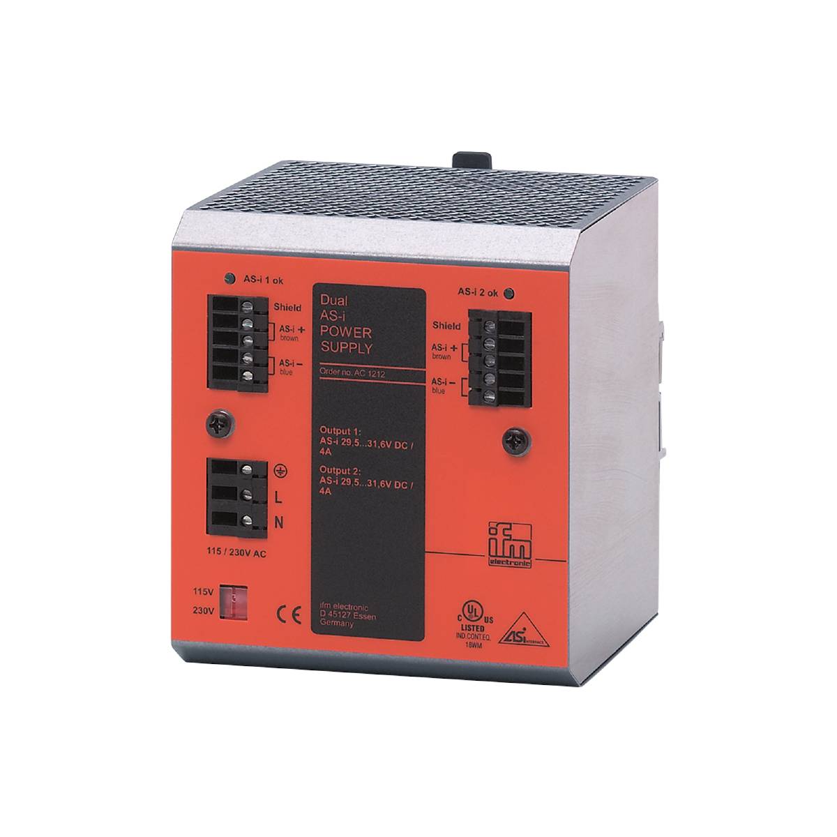 Ein elektronisches Netzteil mit roten Aufdruck, zeigt Ein- und Ausgänge für Strom, geerdet, mit technischen Informationen.