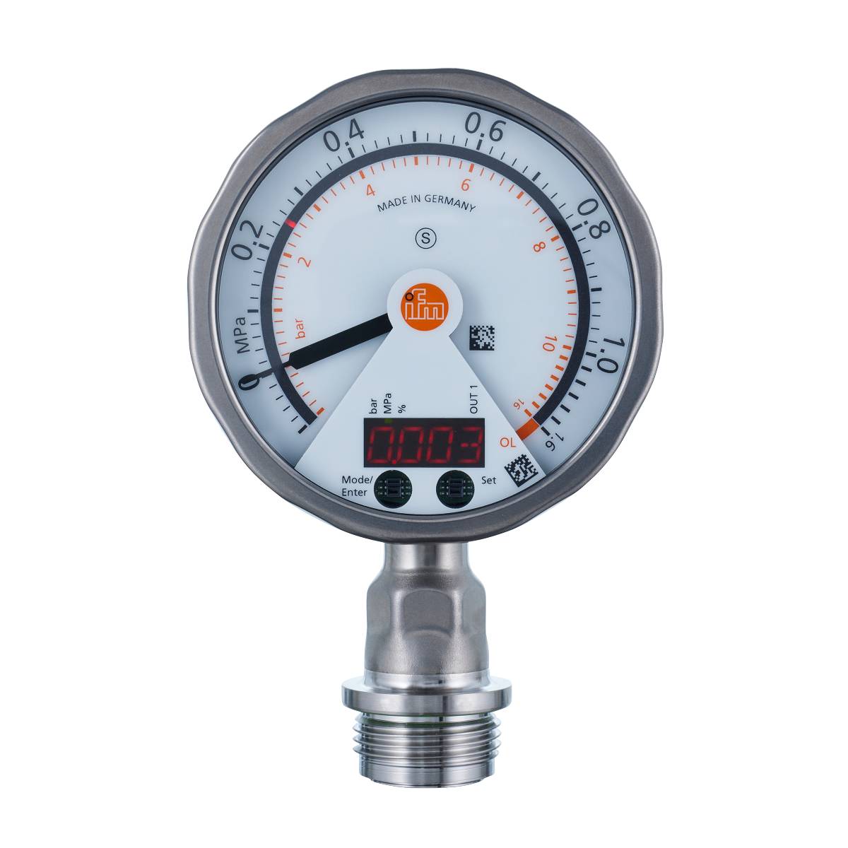 Druckmessgerät mit digitalem Display zeigt '0.003' an. Zeiger zeigt auf '0'. Skala von -1 bis 16 bar. Hergestellt in Deutschland.