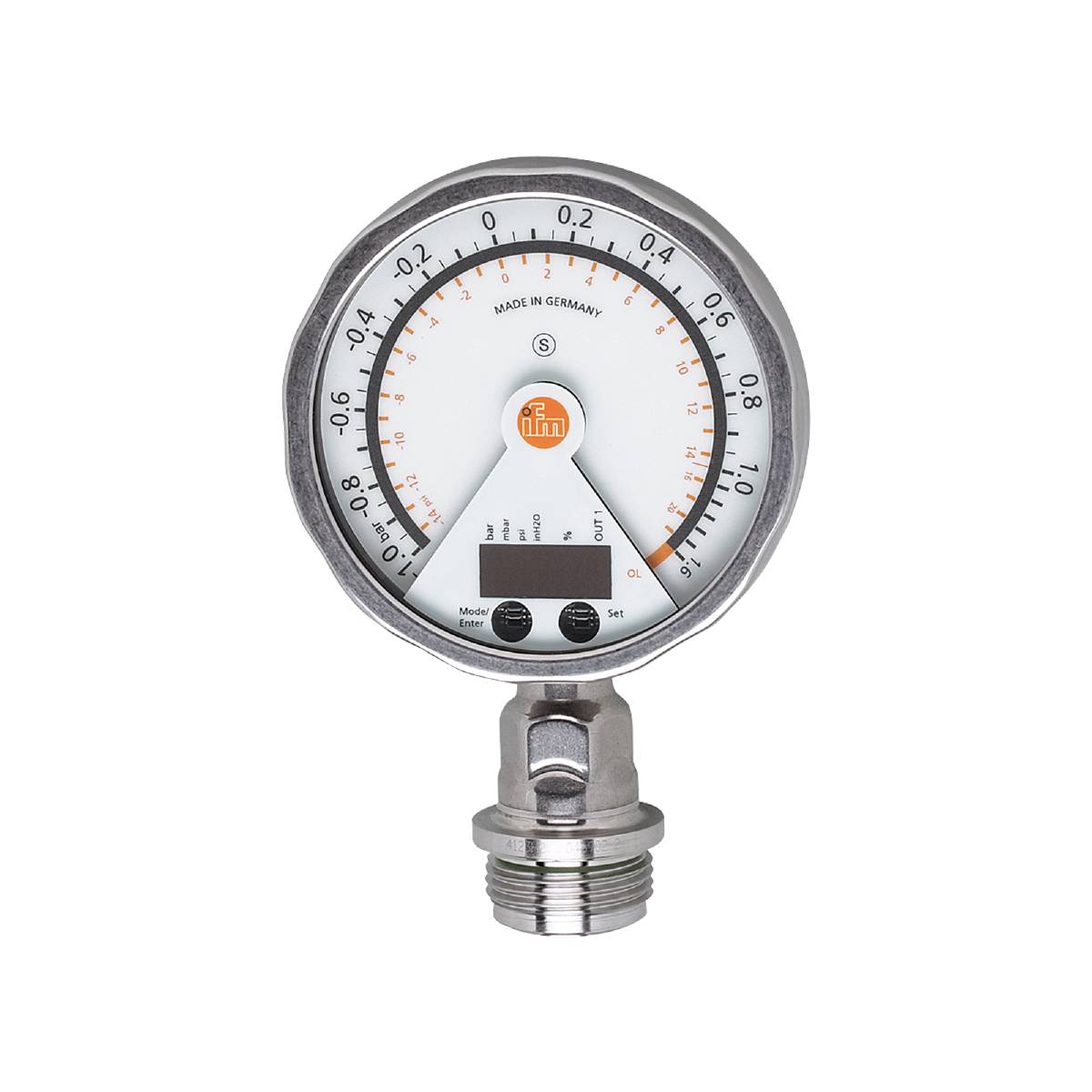 Manometer, zeigt Druck von 0 bis 250 bar an. 'Made in Germany', mit schwarzen Skalenmarkierungen und orangenem Logo.